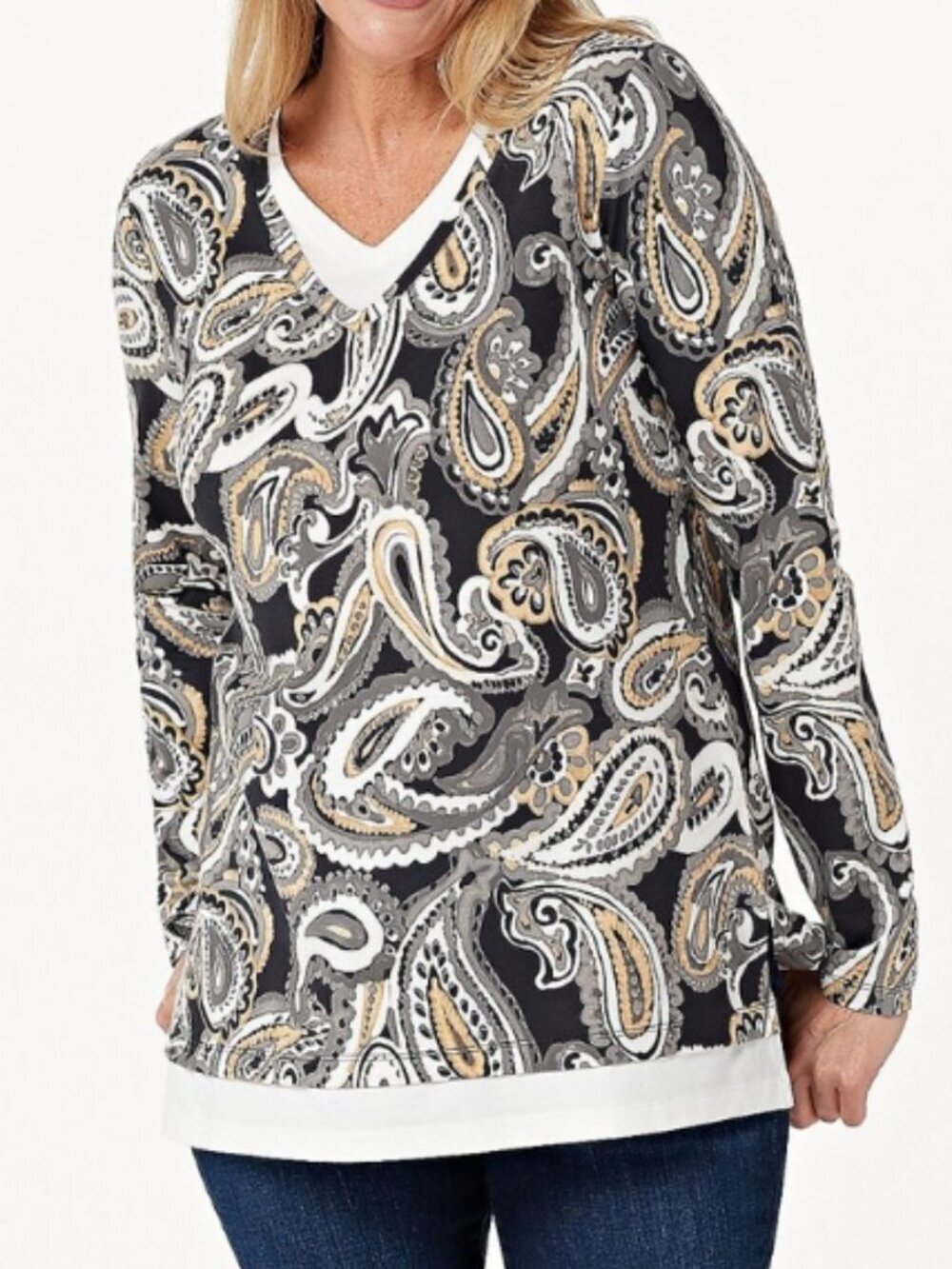 ISAAC MIZRAHI Live Womens Top Plus Size 3X Layered Look Tee Black Beige Paisley